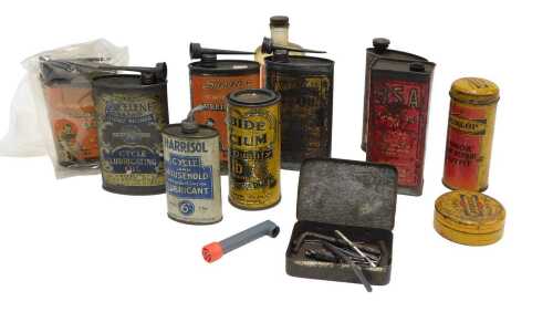 Lubricating oil tins, including Superior Lubricating Oil, Excellence Brand Lubricating Oil,...