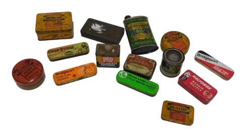Various repair outfits, including Tourist repair outfit tin, Halford Lubricating Oil, Dunlop...