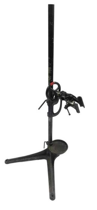 A black painted cast metal bicycle work stand, 144cm high.