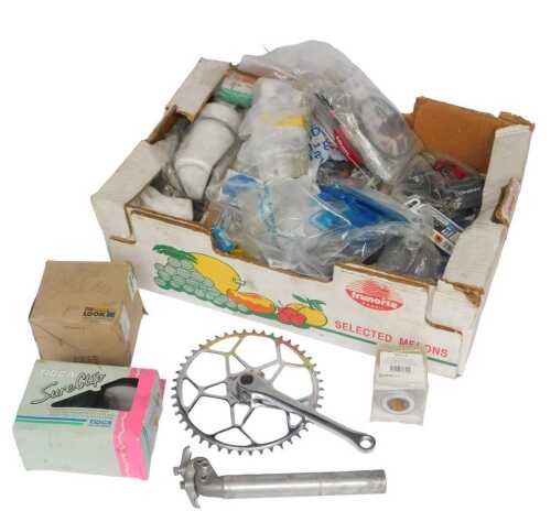 Various bicycle parts, including crank, Shimano grip shift, lug pedal, various cables,...