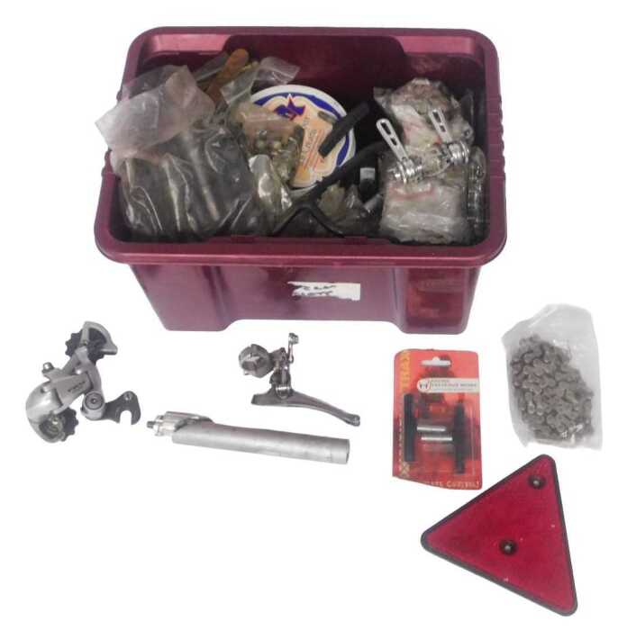 Various bicycle parts, including chains, Shimano Sora derailleur, Sun Tour gear levers, Sun Tour...