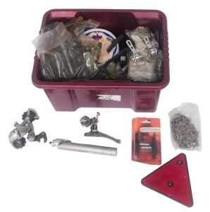 Various bicycle parts, including chains, Shimano Sora derailleur, Sun Tour gear levers, Sun Tour...