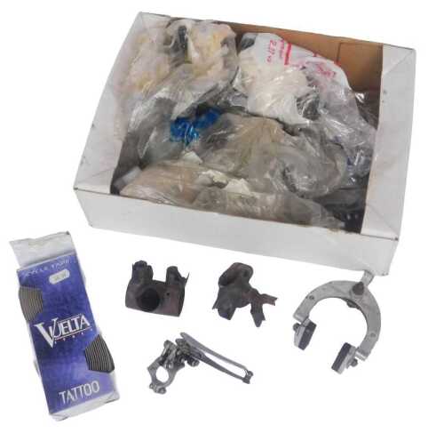 Various cycle spares, including Campagnolo derailleur, B&T brakes, brake cables, Saxon TT lugs,...