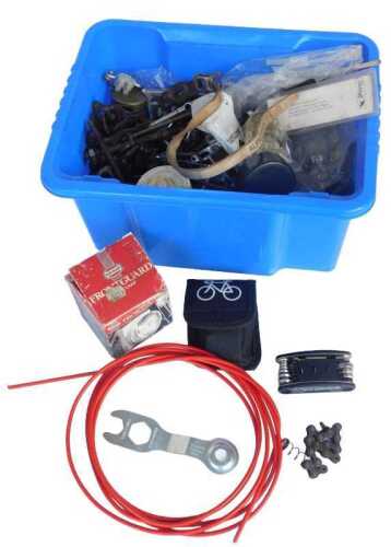 Various bicycle spares, including chains, Eveready front guard cycle lamp, cables, various bolts,...