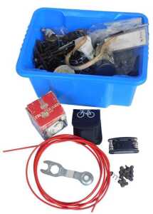 Various bicycle spares, including chains, Eveready front guard cycle lamp, cables, various bolts,...