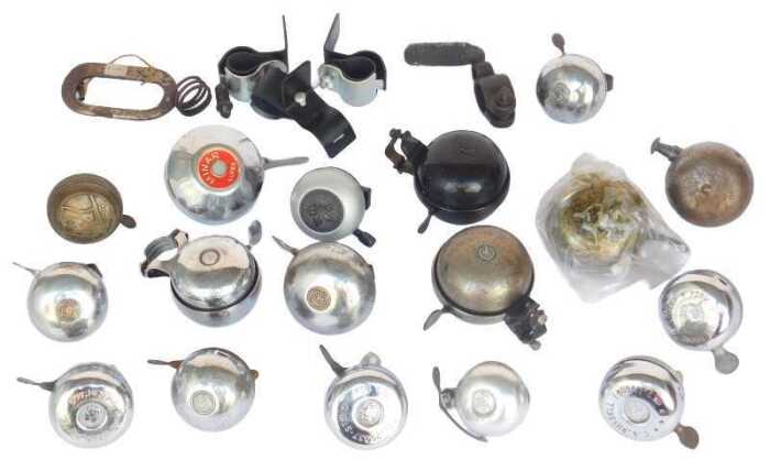 Various bells, including Lucas King of the Road bell, Tony Boswell's Cycles of York bell, CS...