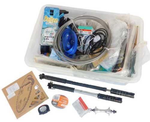Various bicycle spares and inner tubes, including Zefal HPX3 pump, braided cables, a Zefal...