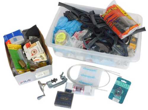 Various bicycle spares, including inner tubes, front derailleurs, bicycle grips, braided cables,...