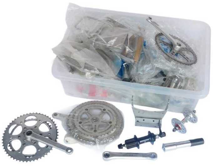 Bicycle parts, including Shimano hub set, Raleigh crank set, wheel hubs, pedals, etc. (1 box)