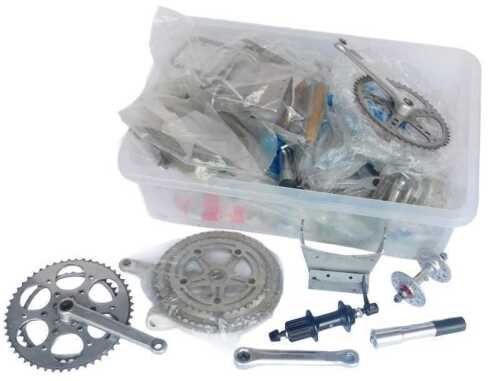 Bicycle parts, including Shimano hub set, Raleigh crank set, wheel hubs, pedals, etc. (1 box)