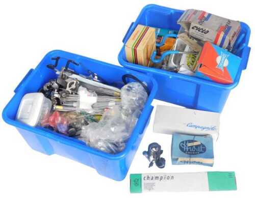 Bicycle parts, including Campagnolo water bottle, Campagnolo gear levers, various chains, cotton...