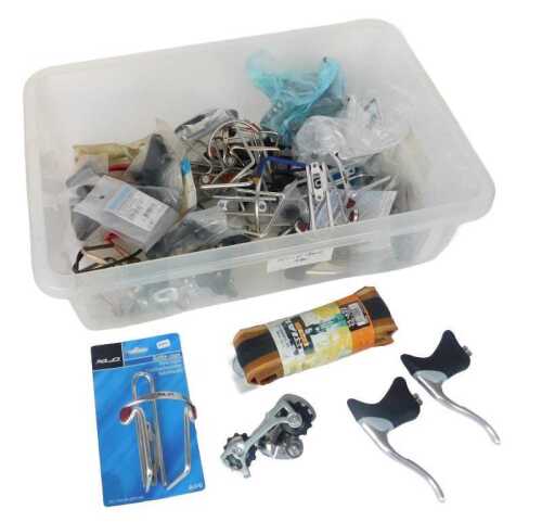 Bicycle spares, including brake sets, Shimano Sora rear derailleur, bottle cages including XLC...