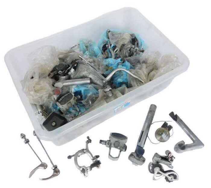 Bicycle parts, including quick release bolts, seat pots, brake sets, derailleurs, etc. (1 box)