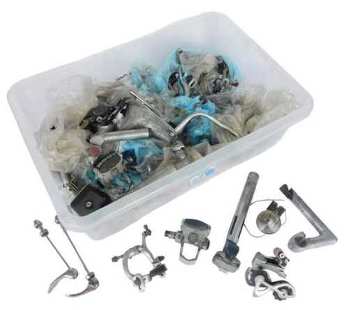 Bicycle parts, including quick release bolts, seat pots, brake sets, derailleurs, etc. (1 box)