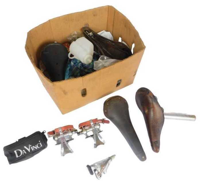 Bicycle spares, including a Peugeot sport leather saddle, Alfredo Binda pedal sets, Philips...