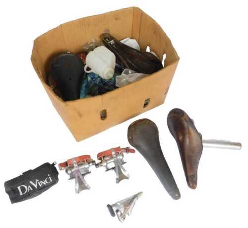 Bicycle spares, including a Peugeot sport leather saddle, Alfredo Binda pedal sets, Philips...