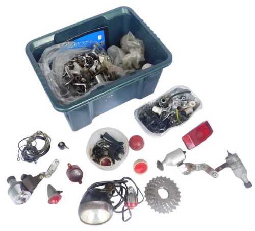 Bicycle parts, including free wheels, bicycle lamps, Dynamo bicycle lights, etc. (1 box)