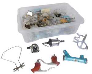 Look pedals, spokes, Campagnolo brake handles, free wheel sets, etc. (1 box)