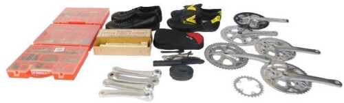 Bicycle spares, including crank sets, bicycle tool kit, bar ends, brake blocks, riding shoes,...