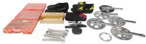 Bicycle spares, including crank sets, bicycle tool kit, bar ends, brake blocks, riding shoes,...