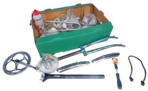 Bicycle spares, including forks, BBB seat post, Favorit crank set, brake sets, etc. (1 box)