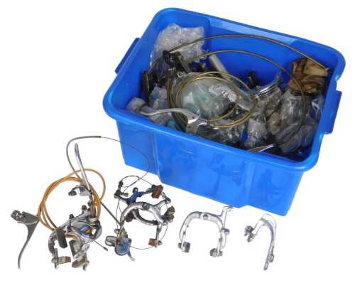 Bicycle parts, including brake sets, brake levers, head sets, hangers, etc. (1 box)