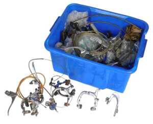 Bicycle parts, including brake sets, brake levers, head sets, hangers, etc. (1 box)