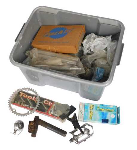 Bicycle spares, including lamps, cables, bolt sets, quick release bolt sets, etc. (1 box)