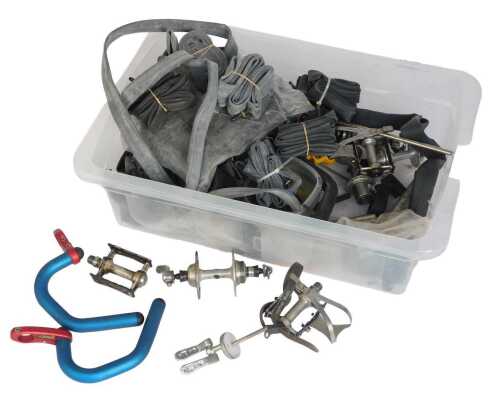 Bicycle parts, including inner tubes, pedals, head sets, etc. (1 box)
