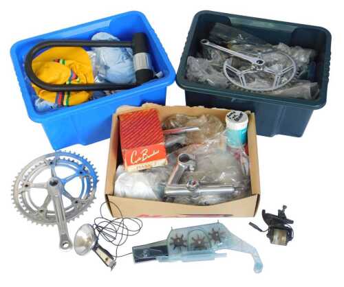 Bicycle parts, including Campagnolo crank set, pedals, head set, brake sets, etc. (3 boxes)