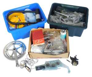 Bicycle parts, including Campagnolo crank set, pedals, head set, brake sets, etc. (3 boxes)