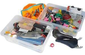 Bicycle parts, including inner tubes, handlebar tape, Campagnolo cables, bearing sets, a Brooks...