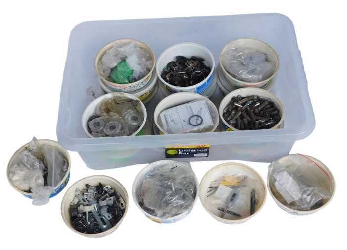 Various bicycle spares, including gear handles, bearings, clips, cotter pins, etc. (1 box)