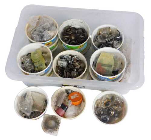 Bicycle spares, including bearings, seat clamps, bottom brackets, spring lock sleeves, etc. (1 box)
