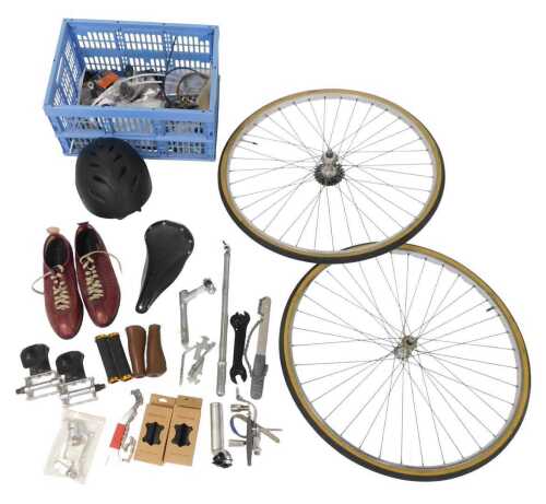 Bicycle spares, including pedals, bicycle grips, brake levers, headset, Bluemels chromed bicycle...