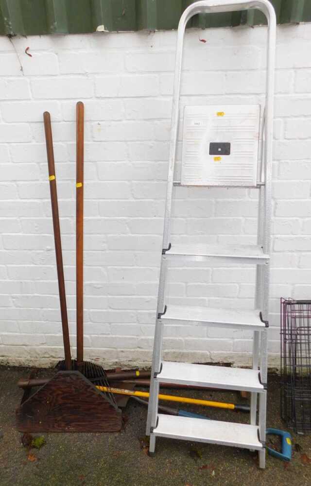 A set of A frame aluminium step ladders, garden tools including hoe ...