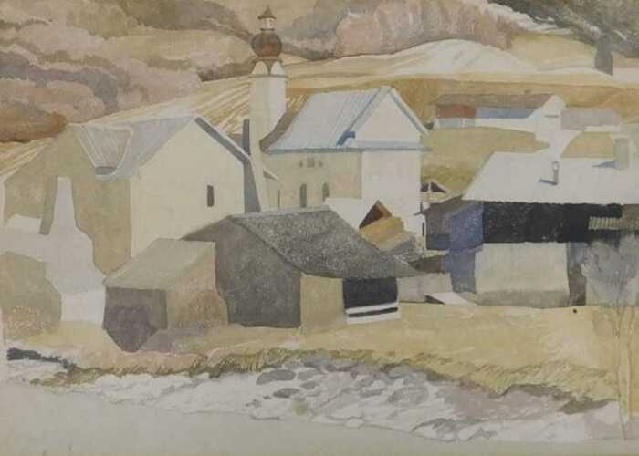 Averil Mary Burleigh (1883-1949). Village by the river, watercolour, 26cm x 36.5cm. 
Label verso,...