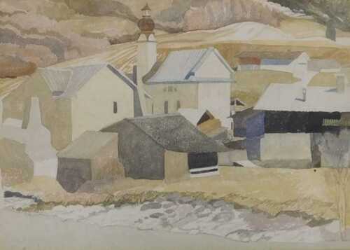 Averil Mary Burleigh (1883-1949). Village by the river, watercolour, 26cm x 36.5cm. 
Label verso,...