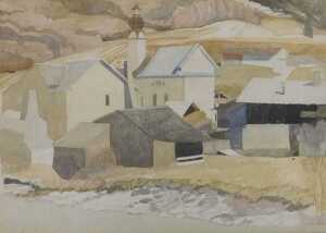 Averil Mary Burleigh (1883-1949). Village by the river, watercolour, 26cm x 36.5cm. 
Label verso,...