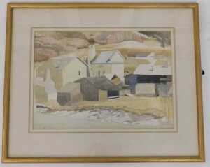 Averil Mary Burleigh (1883-1949). Village by the river, watercolour, 26cm x 36.5cm. 
Label verso,... - 2