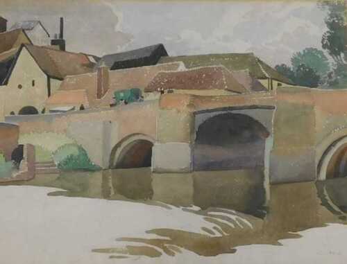 Averil Mary Burleigh (1883-1949). Figures on a bridge, watercolour, 28cm x 36.5cm. 
Label verso,...