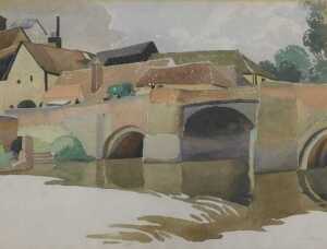 Averil Mary Burleigh (1883-1949). Figures on a bridge, watercolour, 28cm x 36.5cm. 
Label verso,...