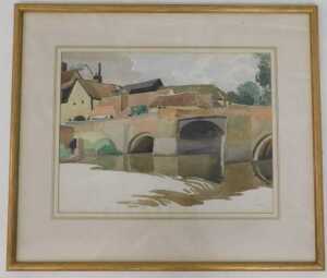 Averil Mary Burleigh (1883-1949). Figures on a bridge, watercolour, 28cm x 36.5cm. 
Label verso,... - 2
