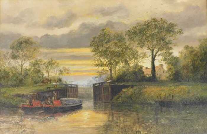 Philip Kilner (20thC). Canal boats at the lock, oil on canvas, signed, 49cm x 74.5cm.