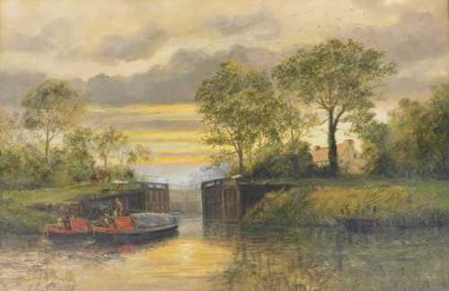 Philip Kilner (20thC). Canal boats at the lock, oil on canvas, signed, 49cm x 74.5cm.