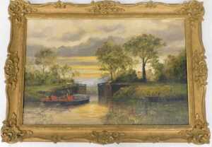 Philip Kilner (20thC). Canal boats at the lock, oil on canvas, signed, 49cm x 74.5cm. - 2