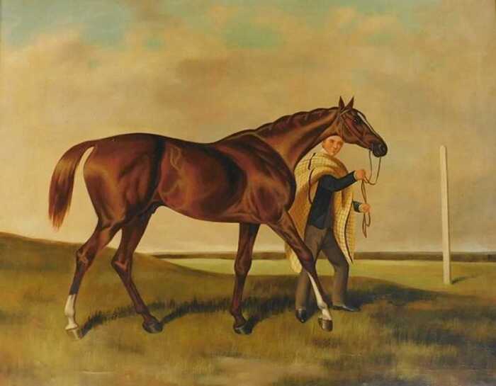 20thC School. Racehorse with groom, oil on canvas, 70cm x 90cm.