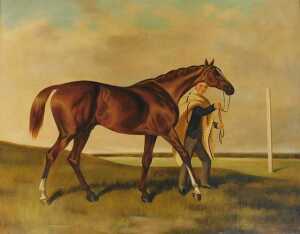 20thC School. Racehorse with groom, oil on canvas, 70cm x 90cm.
