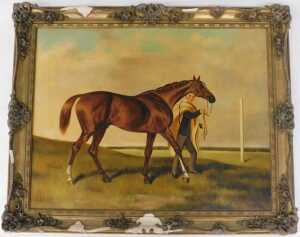 20thC School. Racehorse with groom, oil on canvas, 70cm x 90cm. - 2