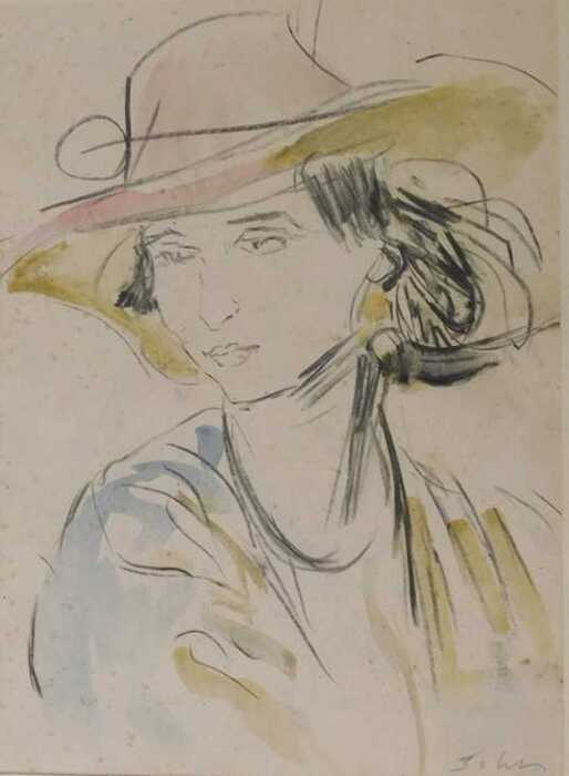 Augustus Edwin John (1878-1961). Portrait of a woman wearing a hat, watercolour, signed, 45cm x...